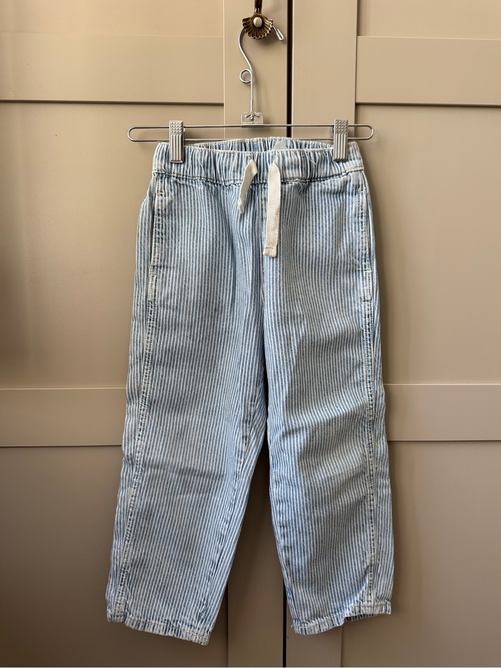 Retro Light Blue Striped Pull-On Pants Loose Fit Denim Jogger
